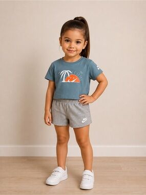 Nike Girls Cropped Teal Tee with Gray Logo Shorts (bonus shorts)